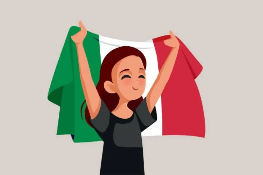 Imamgem mostra uma figura feminina segurando uma bandeira italiana, ilustrando uma pessoa que conseguiu obter a cidadania italiana.