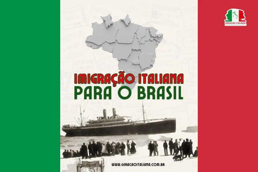 Imagem da capa do artigo sobre Imigração Italiana para o Brasil, mostrando um navio antigo e várias pessoas na margem que acabaram de chegar.